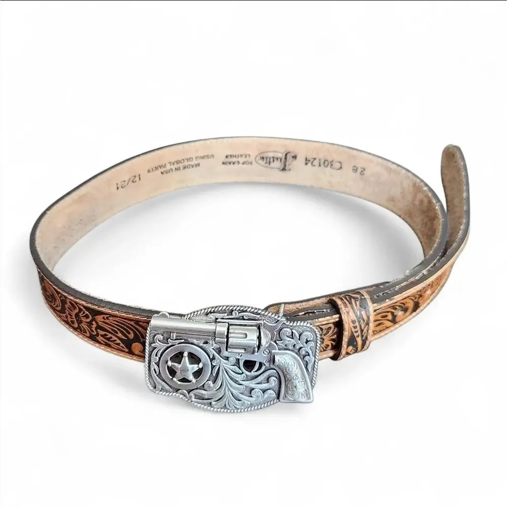 Justin Kids Lil' Trigger 3D Buckle Tooled Leather Belt Made in USA Size 28